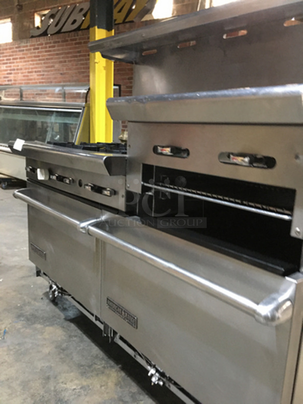 NICE! American Range Commercial Natural Gas Powered 6 Burner Stove! With Right Side Flat Griddle/Cheese Melter Combo! With 2 Full Size Ovens Underneath! With Backsplash & Overhead Salamander Shelf! All Stainless Steel! On Casters! - Image 10 of 11