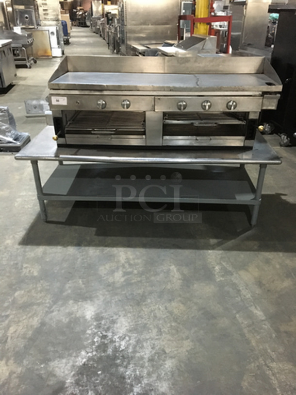 WOW! All Stainless Steel Natural Gas Powered Heavy Duty Flat Griddle! With Back & Side Splashes! With Dual Cheese Melter Underneath! On Equipment Stand! With Backsplash! With Underneath Storage Space! On Legs!