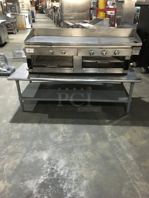 WOW! All Stainless Steel Natural Gas Powered Heavy Duty Flat Griddle! With Back & Side Splashes! With Dual Cheese Melter Underneath! On Equipment Stand! With Backsplash! With Underneath Storage Space! On Legs! - Image 1 of 10