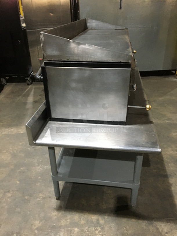 WOW! All Stainless Steel Natural Gas Powered Heavy Duty Flat Griddle! With Back & Side Splashes! With Dual Cheese Melter Underneath! On Equipment Stand! With Backsplash! With Underneath Storage Space! On Legs! - Image 3 of 10