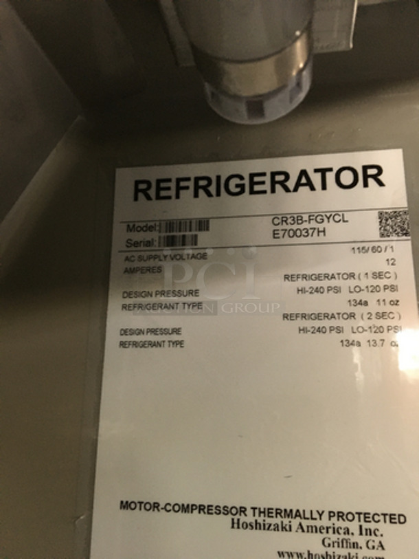 Hoshizaki Commercial 3 Door Reach In Cooler Merchandiser! With Poly Coated Racks! All Stainless Steel Body! Model CR3BFGYCL Serial E70037H! 115V 1Phase! - Image 8 of 10
