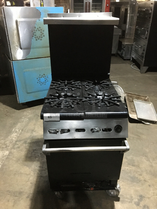NICE! Commercial Natural Gas Powered 4 Burner Stove! With Oven Underneath! With Backsplash & Overhead Salamander Shelf! On Casters! - Image 1 of 9
