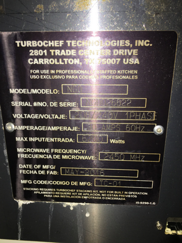 NICE! 2016 Turbo Chef Commercial Countertop Rapid Cook Oven! Model NGO Serial NGOD26622! 208/240V 1Phase! On Legs! - Image 7 of 8