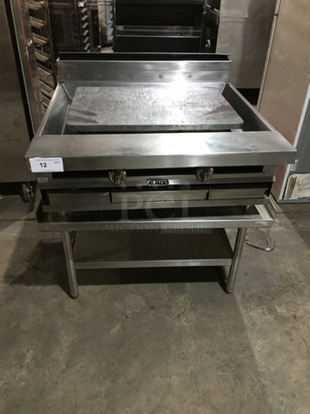 WOW! LATE MODEL 2015! Jade Range Natural Gas Powered Heavy Duty Plancha Flat Grill! On Stainless Steel Equipment Stand! With Underneath Storage Space! On Legs!
