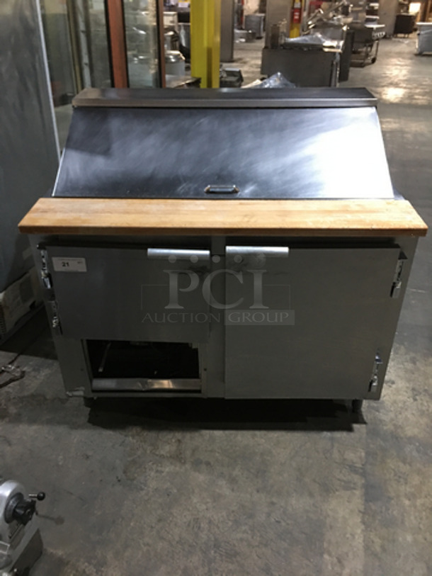 Leader Commercial Refrigerated Sandwich/Salad Prep Table! With Wooden Cutting Board! With 2 Door Storage Space Underneath! All Stainless Steel! Model LM48! 115V 1Phase! On Legs!