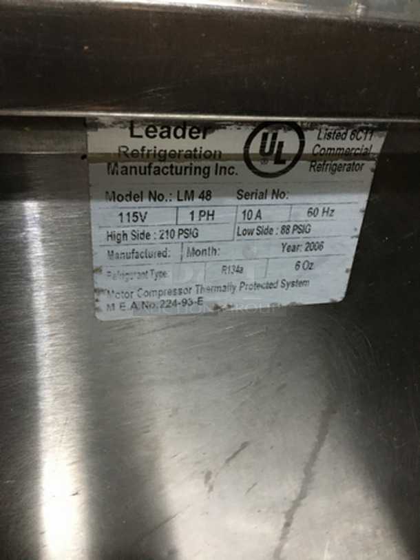 Leader Commercial Refrigerated Sandwich/Salad Prep Table! With Wooden Cutting Board! With 2 Door Storage Space Underneath! All Stainless Steel! Model LM48! 115V 1Phase! On Legs! - Image 9 of 10