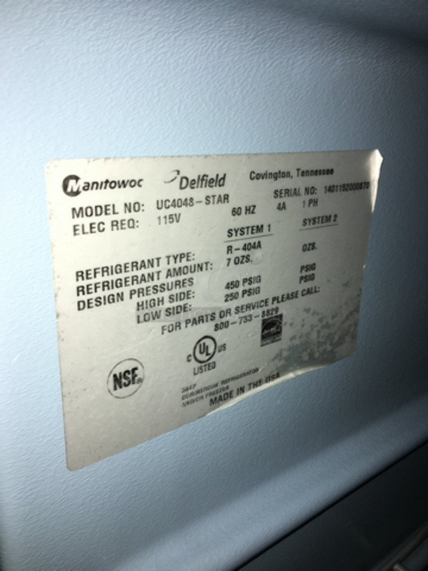 Delfield Commercial 2 Door Lowboy/Worktop Cooler! With Poly Coated Racks! All Stainless Steel! Model UC4048STAR Serial 1401152000870! 115V 1Phase! - Image 8 of 9