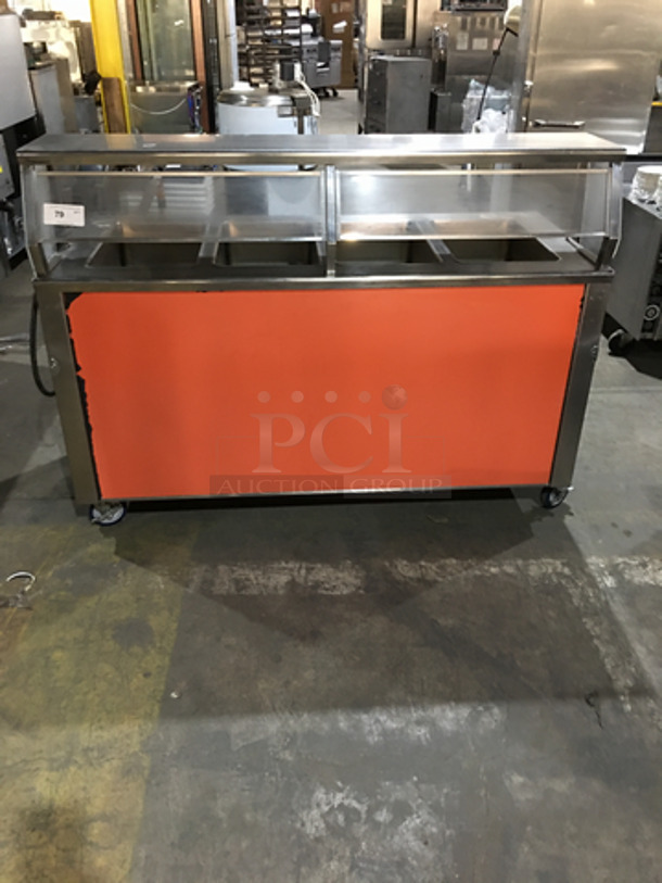 Precision Commercial 4 Well Steam Table! With Underneath Storage Space! With Sneeze Guard! All Stainless Steel Body! Model SST2004UDNYC Serial 679990891! 120V 1Phase! On Commercial Casters!
