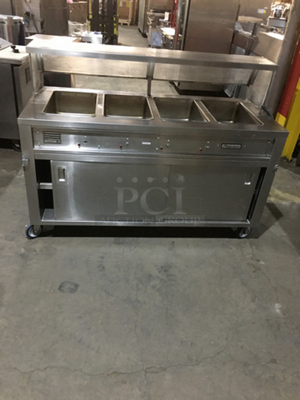 Precision Commercial 4 Well Steam Table! With Underneath Storage Space! With Sneeze Guard! All Stainless Steel Body! Model SST2004UDNYC Serial 679990891! 120V 1Phase! On Commercial Casters!
 - Image 4 of 9