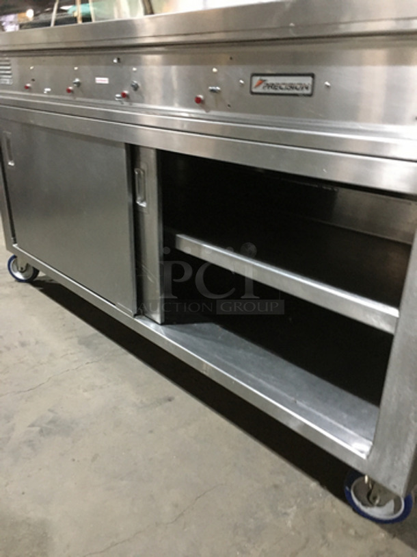 Precision Commercial 4 Well Steam Table! With Underneath Storage Space! With Sneeze Guard! All Stainless Steel Body! Model SST2004UDNYC Serial 679990891! 120V 1Phase! On Commercial Casters!
 - Image 7 of 9