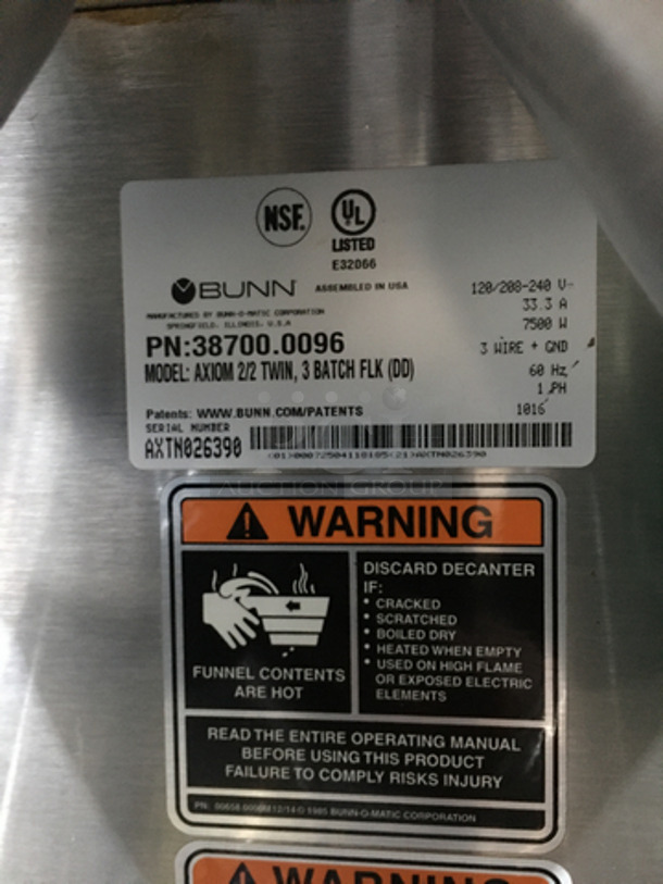 Bunn Commercial Countertop Dual Coffee Brewing Machine! Axiom Series! With 4 Coffee Pot Warming Stations! All Stainless Steel! Model AXIOM2/2TWIN Serial AXTN026390! 120/208/240V 1Phase! On Legs! - Image 8 of 8