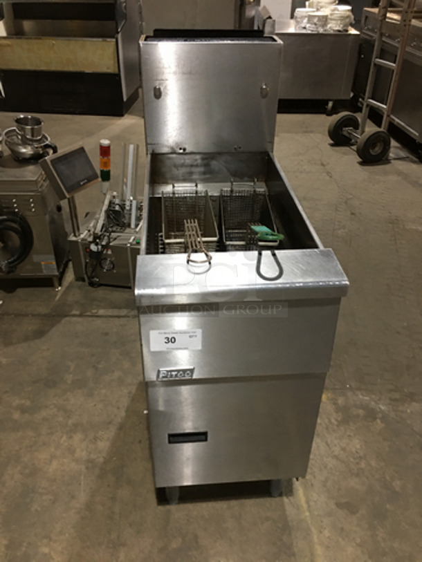 Pitco Commercial Natural Gas Powered Deep Fat Fryer! With 2 Metal Baskets! With Backsplash! All Stainless Steel! On Legs! Model SG14 Serial G03E3015266! - Image 1 of 9