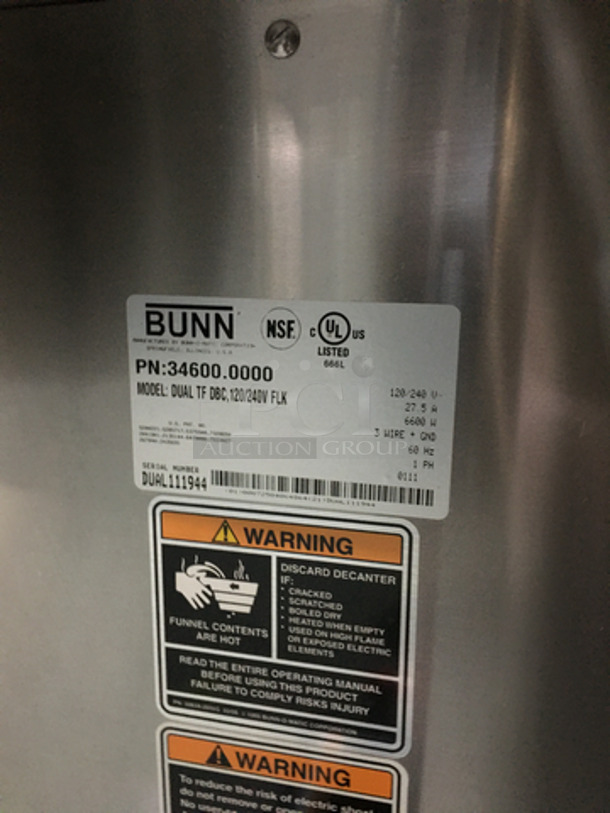 Bunn Commercial Countertop Dual Coffee Brewing/Dispensing Machine! With Hot Water Dispenser! All Stainless Steel Body! Model DUALTFDBC Serial DUAL111944! 120/240V 1Phase! On Legs! - Image 7 of 9