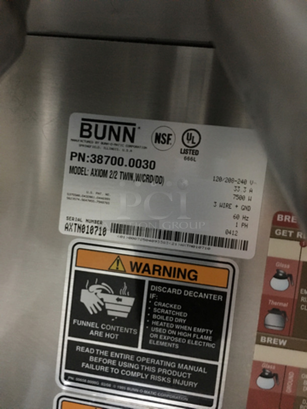 Bunn Commercial Countertop Dual Coffee Brewing Machine! Axiom Series! With 4 Coffee Pot Warming Stations! All Stainless Steel! Model AXIOM2/2TWIN Serial AXTN010710! 120/208/240V 1Phase! On Legs!
 - Image 8 of 9