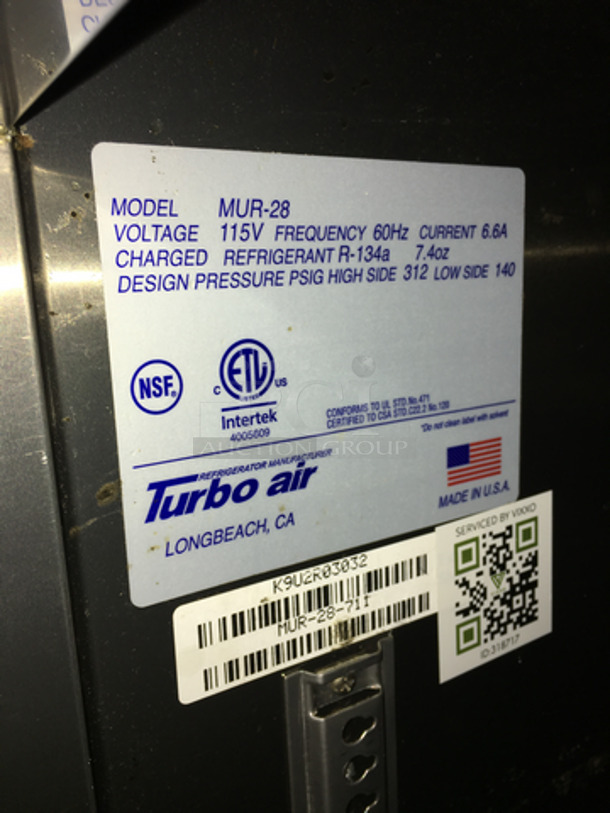 Turbo Air Commercial One Door Lowboy/Worktop Cooler! M3 Series! Model MUR28 Serial K9U2R03032! 115V 1Phase! On Legs! - Image 6 of 8