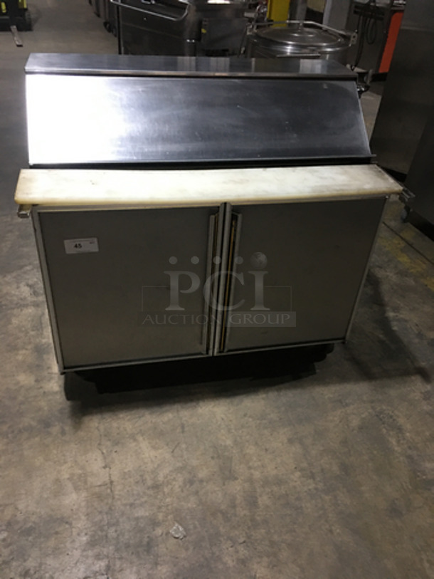 Silver King Commercial Refrigerated Sandwich Prep Table! With Commercial Cutting Board! With 2 Door Underneath Storage Space! All Stainless Steel! Model SKP4812/C18 Serial GKDP091239A! 115V! On Casters!