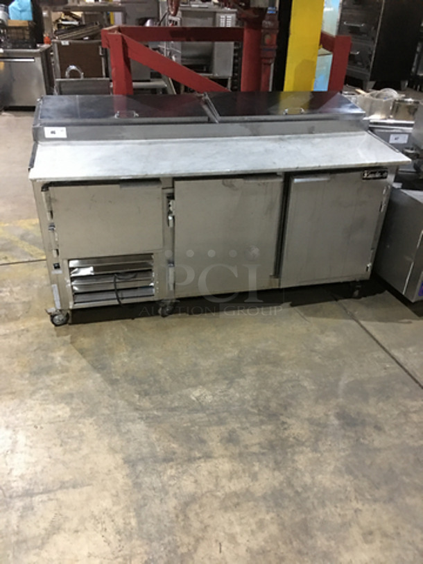 Leader Commercial Refrigerated Marble Top Pizza Prep Table! With 3 Door Underneath Storage Space! Model PT72 Serial PT043536! 115V 1Phase! On Casters!
