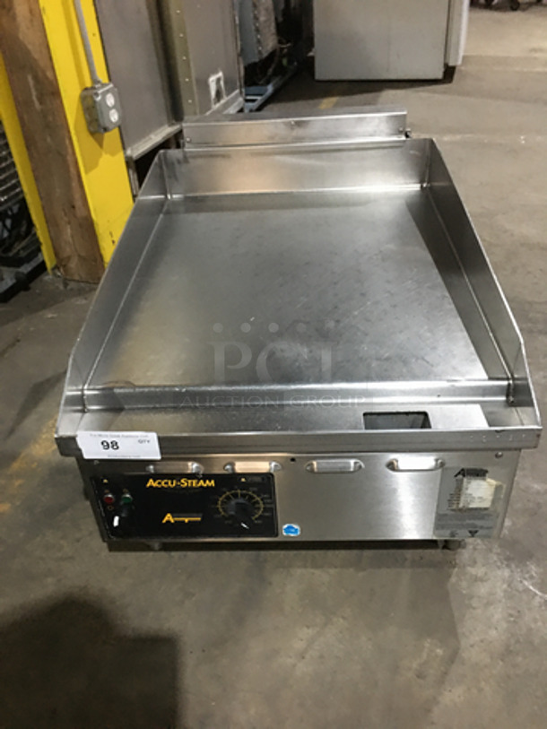 Accutemp Commercial Countertop Natural Gas Powered Flat Griddle! Accu-Steam Series! With Back & Side Splashes! All Stainless Steel! Model GGF1201A2400 Serial 11735! 120V 1Phase! On Legs!