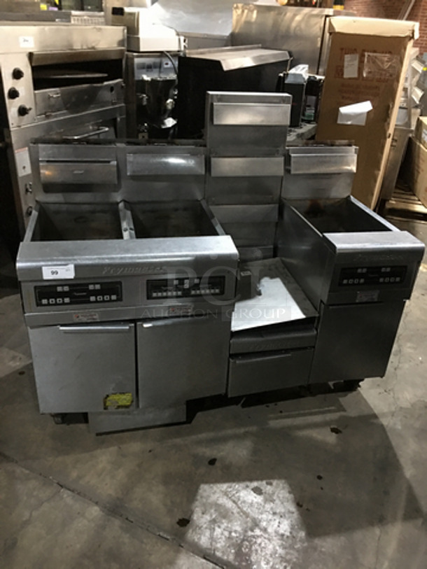 AMAZING! Frymaster Commercial Natural Gas Powered 3 Bay Deep Fat Fryer! With Fry Basket Hanging Station! With Backsplash! With Oil Filter System! All Stainless Steel! Model FMPH355CSC Serial 0803IJ0021! On Casters! Working When Removed! 