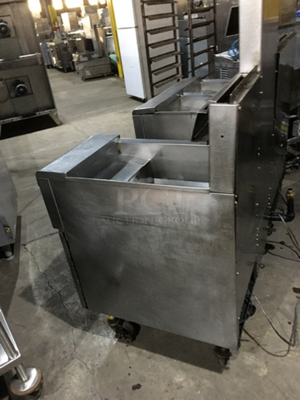 AMAZING! Frymaster Commercial Natural Gas Powered 3 Bay Deep Fat Fryer! With Fry Basket Hanging Station! With Backsplash! With Oil Filter System! All Stainless Steel! Model FMPH355CSC Serial 0803IJ0021! On Casters! Working When Removed!  - Image 4 of 12