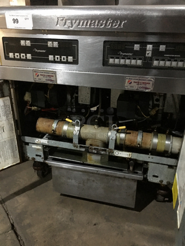AMAZING! Frymaster Commercial Natural Gas Powered 3 Bay Deep Fat Fryer! With Fry Basket Hanging Station! With Backsplash! With Oil Filter System! All Stainless Steel! Model FMPH355CSC Serial 0803IJ0021! On Casters! Working When Removed!  - Image 8 of 12