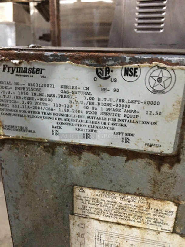 AMAZING! Frymaster Commercial Natural Gas Powered 3 Bay Deep Fat Fryer! With Fry Basket Hanging Station! With Backsplash! With Oil Filter System! All Stainless Steel! Model FMPH355CSC Serial 0803IJ0021! On Casters! Working When Removed!  - Image 10 of 12