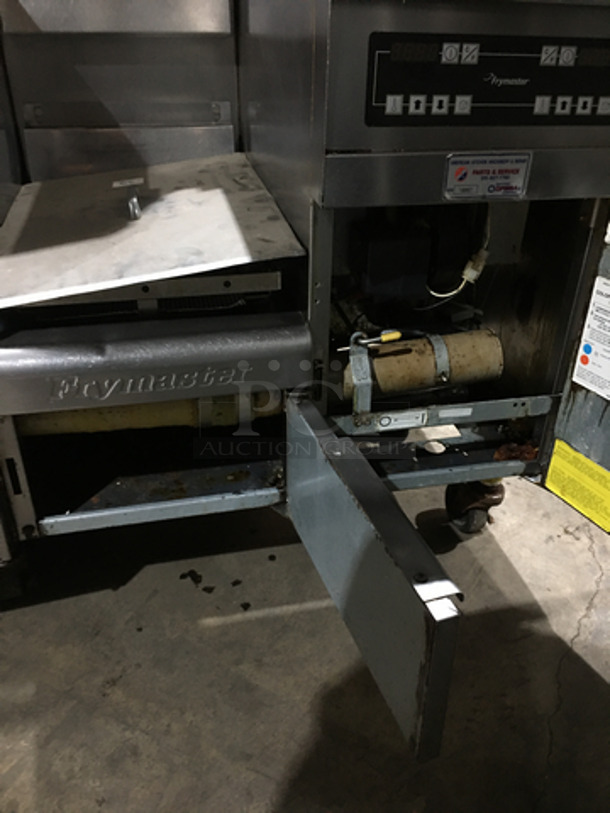 AMAZING! Frymaster Commercial Natural Gas Powered 3 Bay Deep Fat Fryer! With Fry Basket Hanging Station! With Backsplash! With Oil Filter System! All Stainless Steel! Model FMPH355CSC Serial 0803IJ0021! On Casters! Working When Removed!  - Image 11 of 12