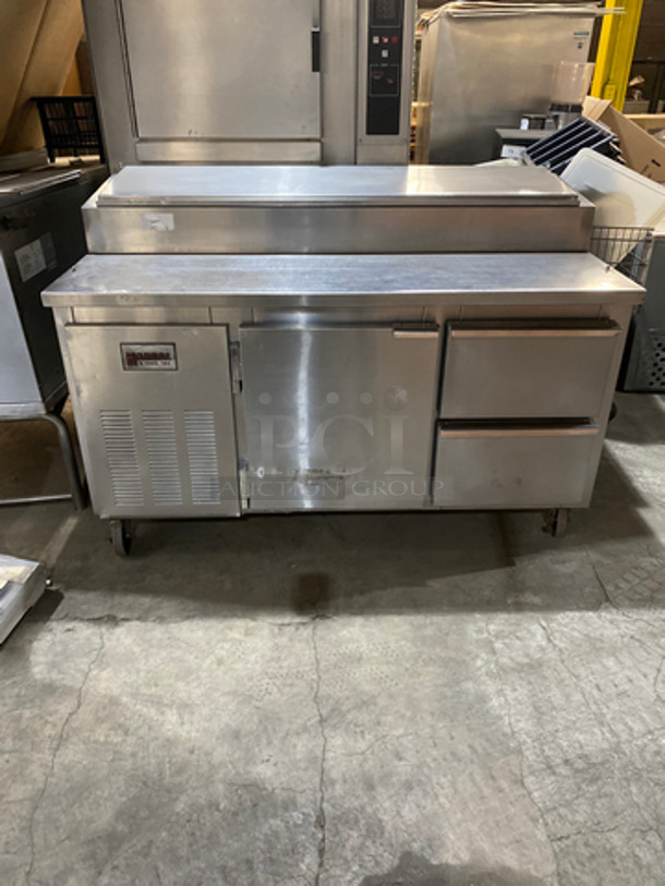 Marsal Commercial Refrigerated Pizza Prep Table! With Single Door Storage Space! With 2 Drawers Underneath! All Stainless Steel! On Commercial Casters!