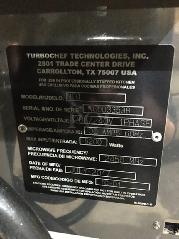 NICE! 2017 Turbo Chef Commercial Countertop Rapid Cook Oven! Model NGO Serial NGOD33538! 208/240V 1Phase! On Legs! - Image 8 of 9