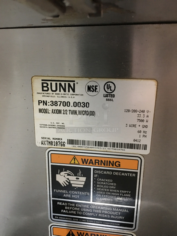 Bunn Commercial Countertop Dual Coffee Brewing Machine! Axiom Series! With 4 Coffee Pot Warming Stations! All Stainless Steel! Model AXIOM2/2TWIN Serial AXTN010766! 120/208/240V 1Phase! On Legs! - Image 9 of 10