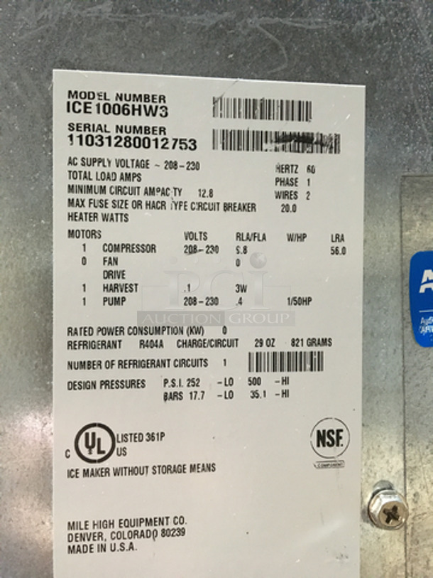 Ice-O-Matic Commercial Ice Making Machine! On Ice Bin Model B70030 Serial J0481518316! All Stainless Steel Body! Ice Machine Model ICE1006HW3 Serial 11031280012753! 208/230V 1Phase! On Legs! 2 X Your Bid! Makes One Unit! - Image 7 of 8