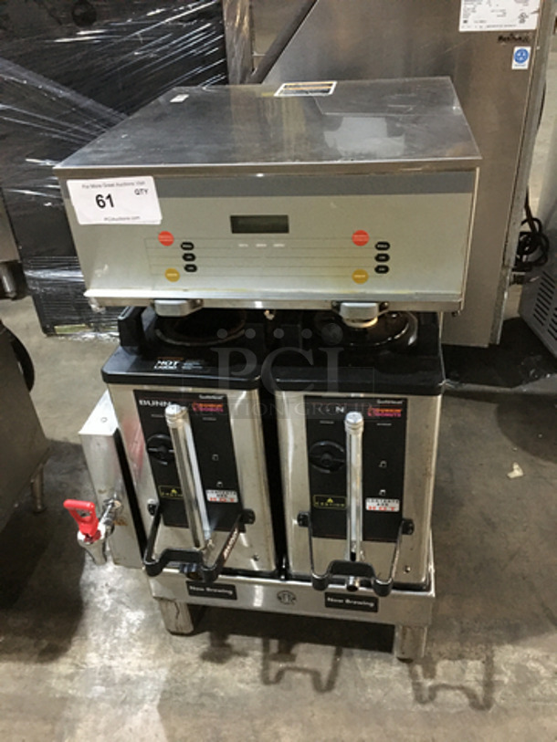 Bunn Commercial Countertop Dual Coffee Brewing Machine! With Hot Water Dispenser! With Beverage Holders/Dispensers! All Stainless Steel Body! Model DUALSHDBC Serial DUAL116017! 120/208V 1Phase! On Legs!
 - Image 1 of 7