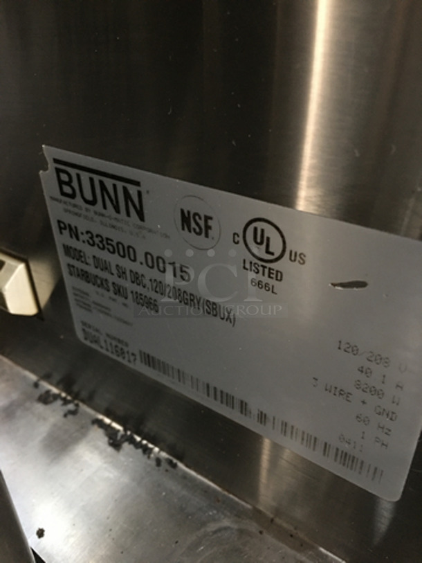 Bunn Commercial Countertop Dual Coffee Brewing Machine! With Hot Water Dispenser! With Beverage Holders/Dispensers! All Stainless Steel Body! Model DUALSHDBC Serial DUAL116017! 120/208V 1Phase! On Legs!
 - Image 7 of 7