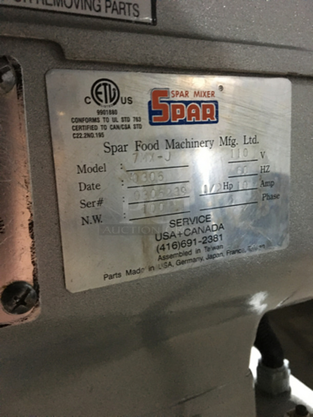 Spar Commercial 20 Quart Planetary Mixer! All Stainless Steel! With Bowl! With Dough Hook, Whip, & Paddle Attachments! Model 7MXJ Serial 0306239! 110V 1Phase! - Image 7 of 11