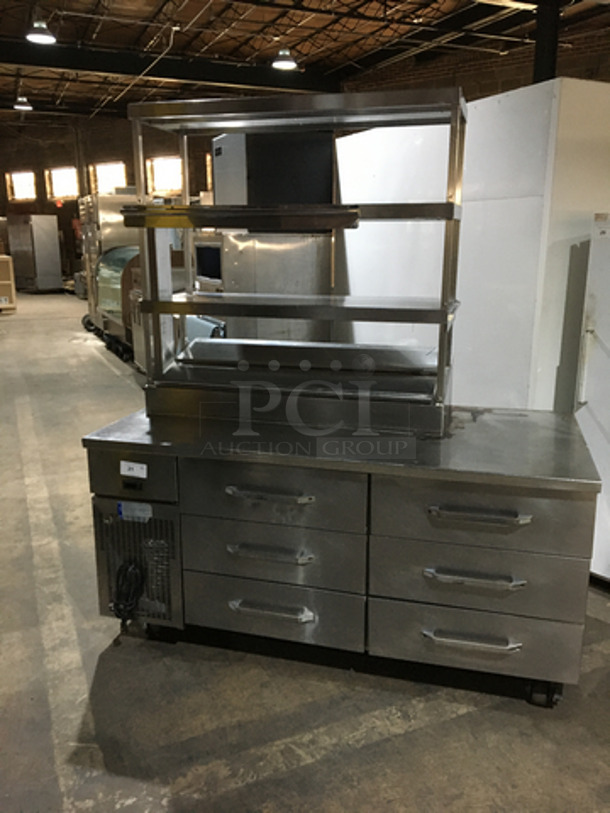 All Stainless Steel Refrigerated Pizza Prep Table/Bain Marie! With 2 Tier Overhead Shelf! With 6 Drawers Underneath! All Stainless Steel! On Casters!