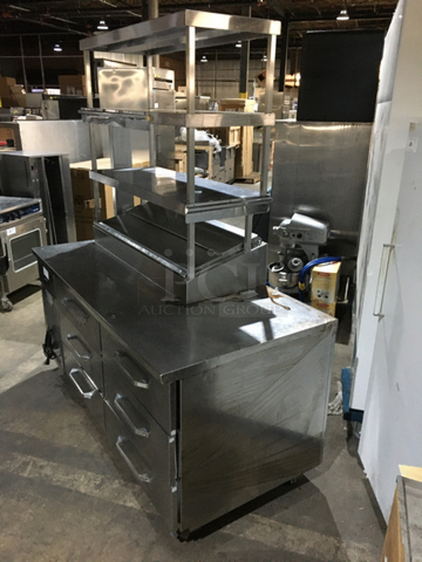 All Stainless Steel Refrigerated Pizza Prep Table/Bain Marie! With 2 Tier Overhead Shelf! With 6 Drawers Underneath! All Stainless Steel! On Casters! - Image 2 of 8