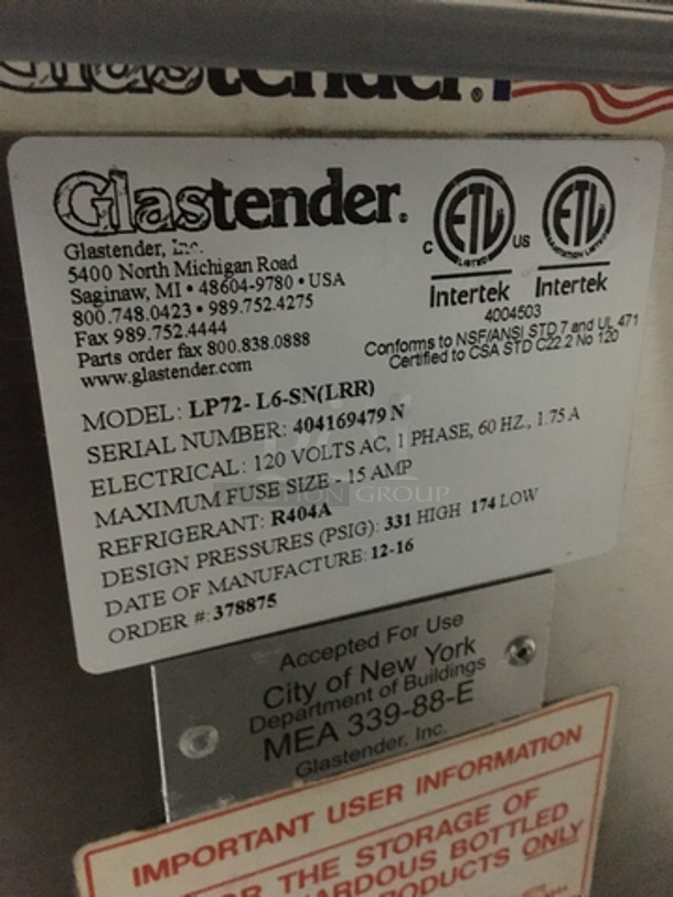 Glastender Commercial Refrigerated 3 Door Bar Back! All Stainless Steel! Model LP72L6SN Serial 404169479N! 120V 1Phase! Remote Compressor/No Compressor! On Legs! - Image 9 of 10