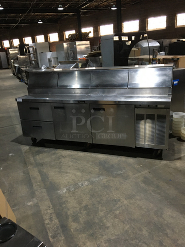 Delfield Commercial Refrigerated Pizza Prep/Mega Top Sandwich/Salad Prep Table! With 2 Drawers Underneath! With 2 Door Underneath Storage Space! All Stainless Steel! On Casters!