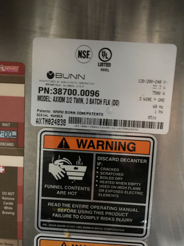 Bunn Commercial Countertop Dual Coffee Brewing Machine! Axiom Series! With 4 Coffee Pot Warming Stations! All Stainless Steel! Model AXIOM2/2TWIN Serial AXTN024838! 120/208/240V 1Phase! On Legs! - Image 7 of 8