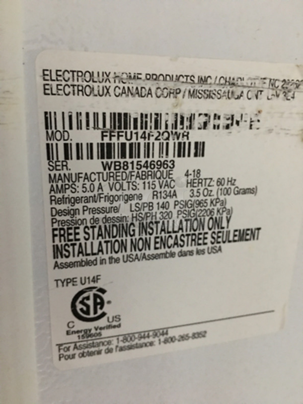 Frigidaire Single Door Reach In Freezer! With Poly Coated Racks! Model FFFU14F2QWR Serial WB81546963! 115V! - Image 7 of 8