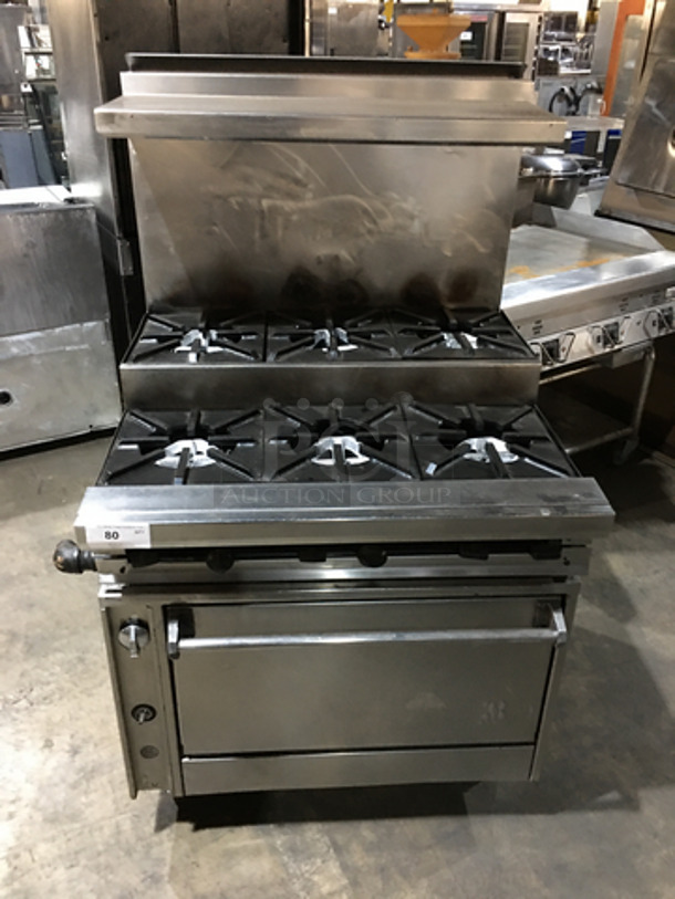 GREAT! Jade Range All Stainless Steel Natural Gas Powered 6 Burner Split Level Stove! With Backsplash & Overhead Salamander Shelf! With Full Size Oven Underneath! On Legs!