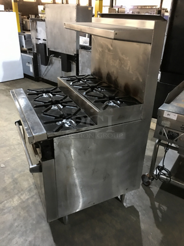 GREAT! Jade Range All Stainless Steel Natural Gas Powered 6 Burner Split Level Stove! With Backsplash & Overhead Salamander Shelf! With Full Size Oven Underneath! On Legs! - Image 2 of 9