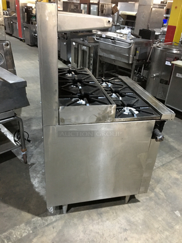 GREAT! Jade Range All Stainless Steel Natural Gas Powered 6 Burner Split Level Stove! With Backsplash & Overhead Salamander Shelf! With Full Size Oven Underneath! On Legs! - Image 3 of 9