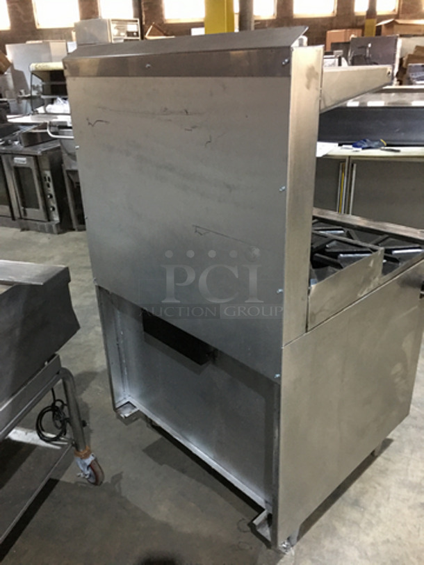 GREAT! Jade Range All Stainless Steel Natural Gas Powered 6 Burner Split Level Stove! With Backsplash & Overhead Salamander Shelf! With Full Size Oven Underneath! On Legs! - Image 4 of 9