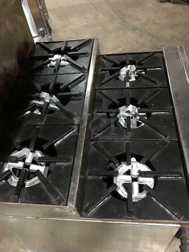 GREAT! Jade Range All Stainless Steel Natural Gas Powered 6 Burner Split Level Stove! With Backsplash & Overhead Salamander Shelf! With Full Size Oven Underneath! On Legs! - Image 5 of 9