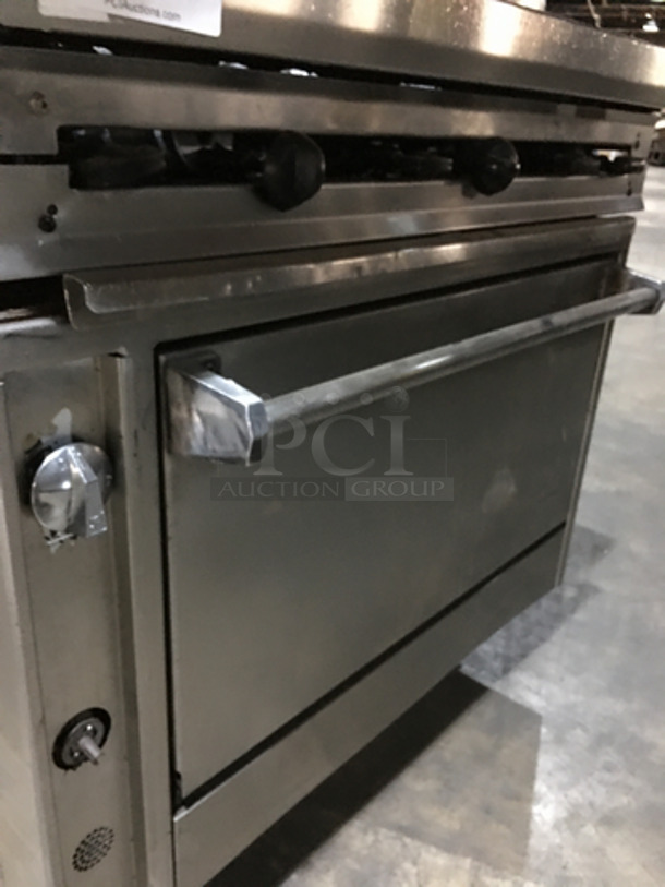 GREAT! Jade Range All Stainless Steel Natural Gas Powered 6 Burner Split Level Stove! With Backsplash & Overhead Salamander Shelf! With Full Size Oven Underneath! On Legs! - Image 8 of 9