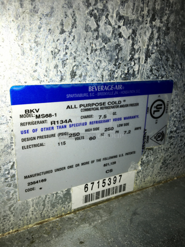 NICE! Beverage Air Commercial Refrigerated Work Top Station! With 2 Door Underneath Storage Space! With Cold Topping Rail! All Stainless Steel! Model MS681 Serial 6715397! 115V 1Phase! - Image 8 of 10