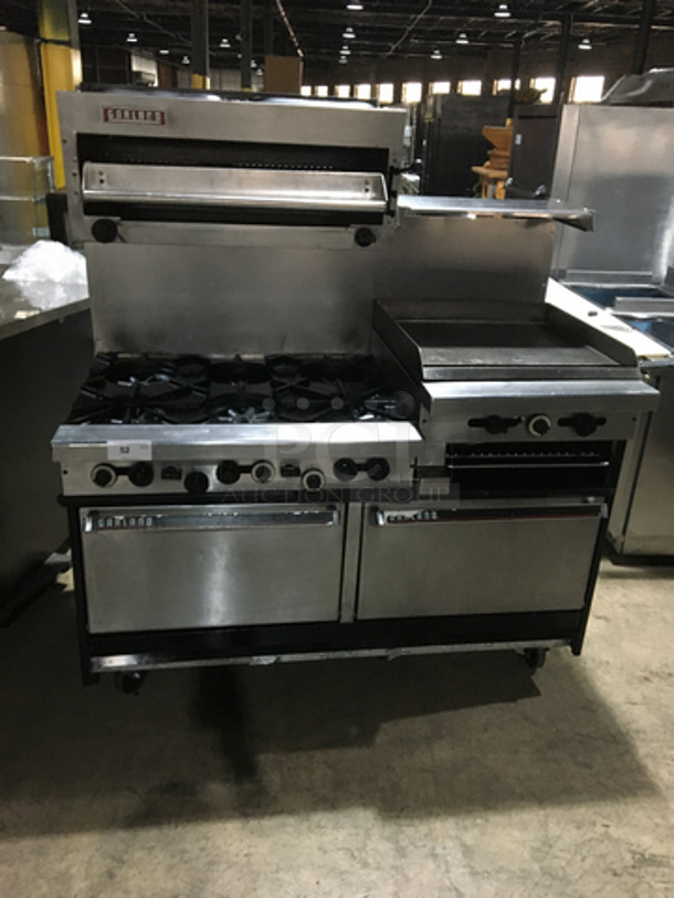 AMAZING! Garland Commercial 6 Burner Stove! With 2 Full Size Ovens Underneath! With Right Side Flat Griddle/Cheese Melter Combo! With Overhead Salamander! All Stainless Steel! On Casters!