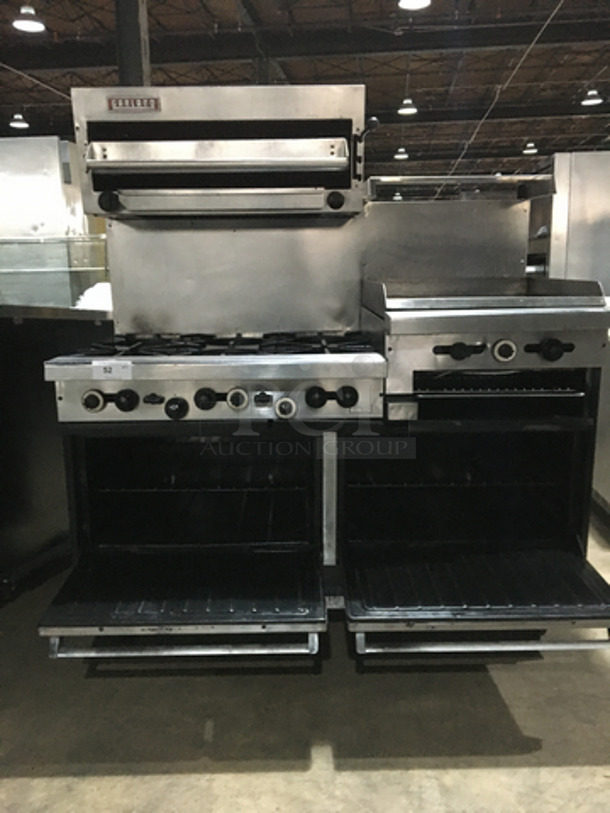 AMAZING! Garland Commercial 6 Burner Stove! With 2 Full Size Ovens Underneath! With Right Side Flat Griddle/Cheese Melter Combo! With Overhead Salamander! All Stainless Steel! On Casters! - Image 5 of 11