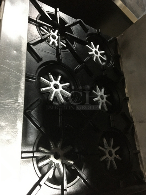 AMAZING! Garland Commercial 6 Burner Stove! With 2 Full Size Ovens Underneath! With Right Side Flat Griddle/Cheese Melter Combo! With Overhead Salamander! All Stainless Steel! On Casters! - Image 8 of 11